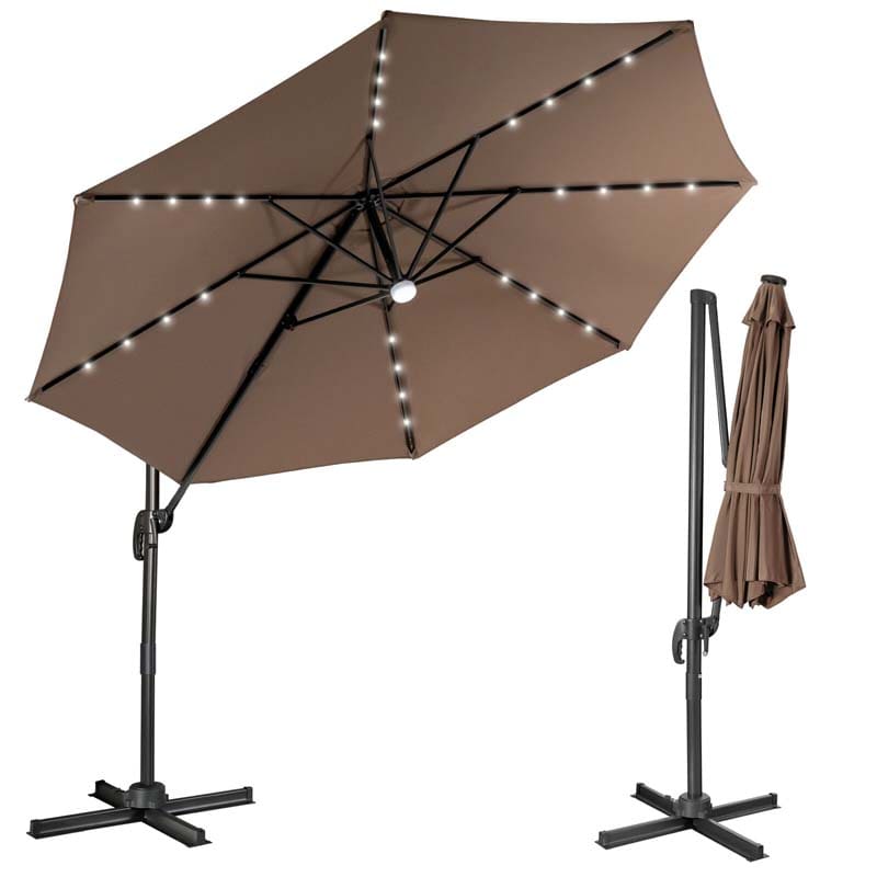 10 FT Cantilever Offset Patio Umbrella 28 Solar LED Lighted Market Umbrella with 3-Tilt Position, Crossed Base