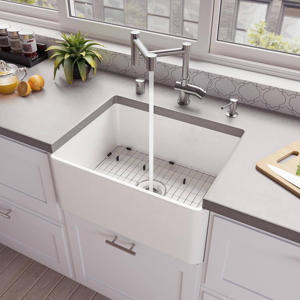 ALFI BRAND Fireclay 24 in. Single Bowl Farmhouse Kitchen Sink in White ABF2418-W