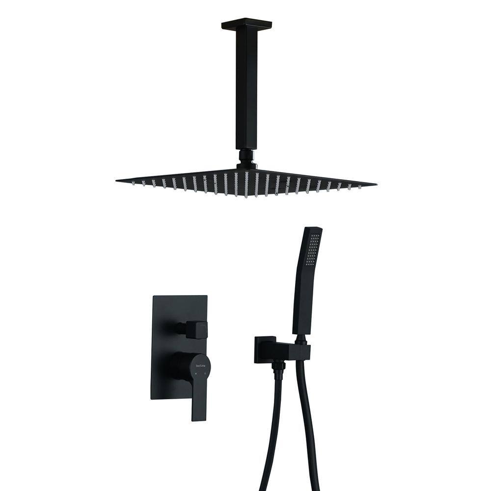 Boyel Living 1-Spray Patterns with 2.5 GPM 12 in. Ceiling Mount Dual Shower Heads with Pressure Balance Valve in Matte Black SMD-88005B