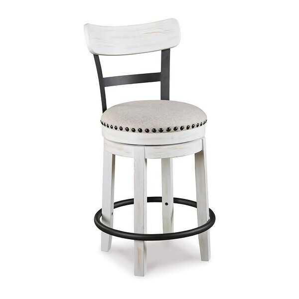 Zane 25 Inch Swivel Counter Height Stool， Round Cushioned Seat， White Wood