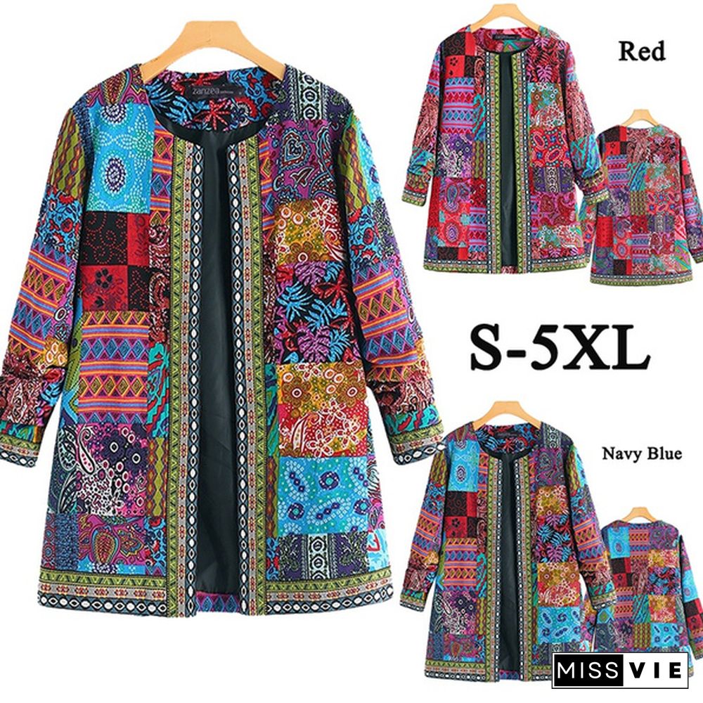 Women  Casual Loose Ethnic Open Front Cardigan Autumn Spring Fashion Floral Print Outwear JacketLong Sleeve Thin Coat Plus Size S-5XL