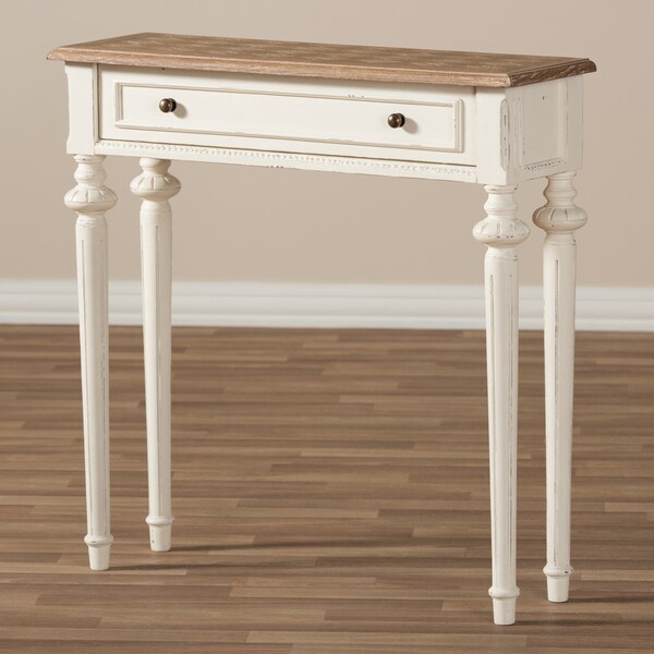 The Gray Barn Keene French Provincial Style Weathered Oak and White Wash Distressed Finish Wood Console Table