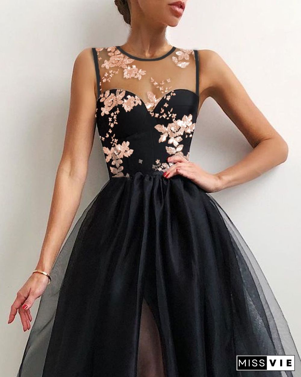 Flower Embroidered Mesh Slit Front Evening Dress