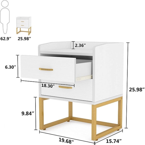 White and Gold Nightstand Bedside Table with 2 Drawers