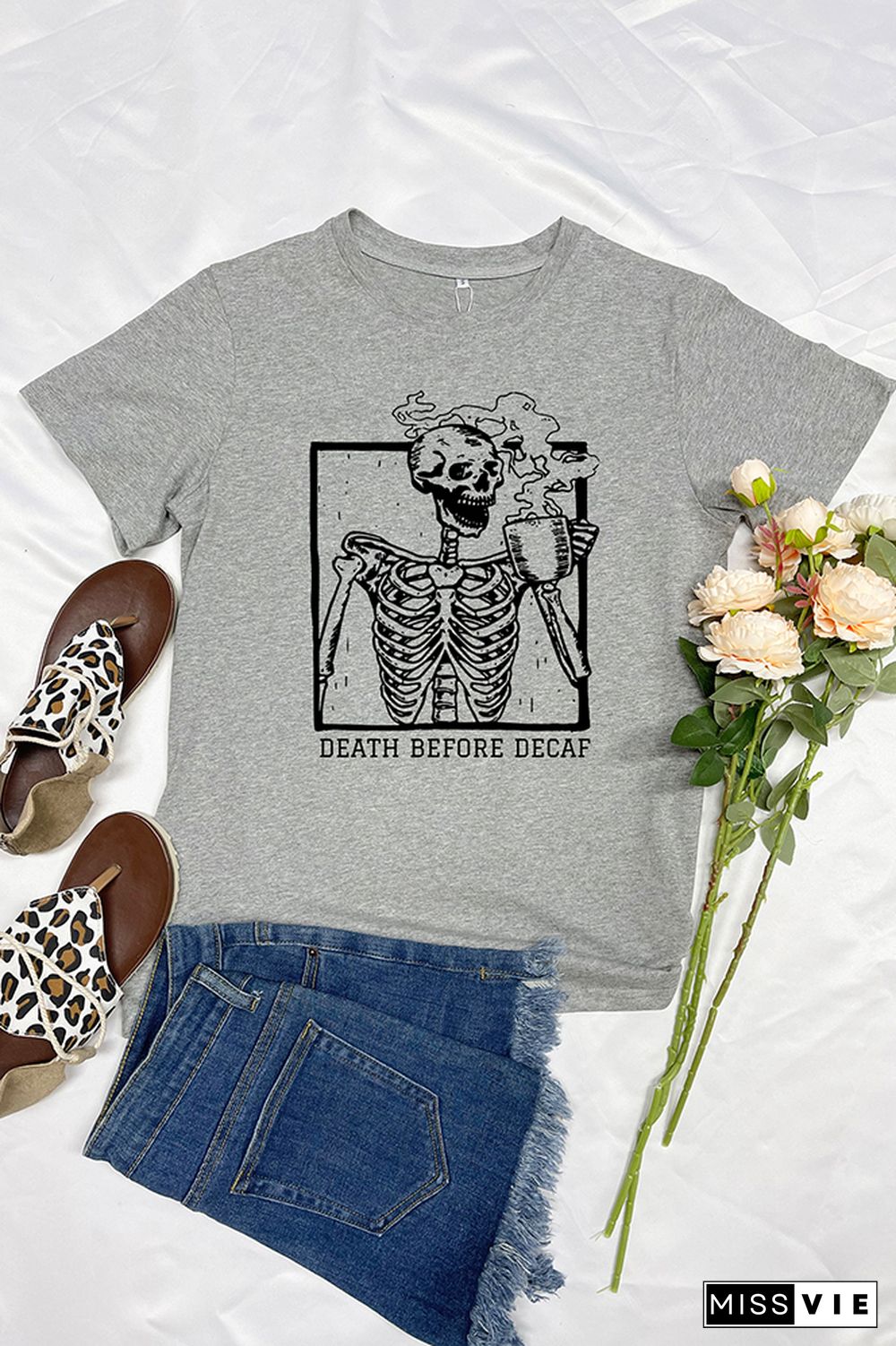 Skeleton Death Before Decaf Skeleton Drink Coffee Graphic T-Shirt Wholesale