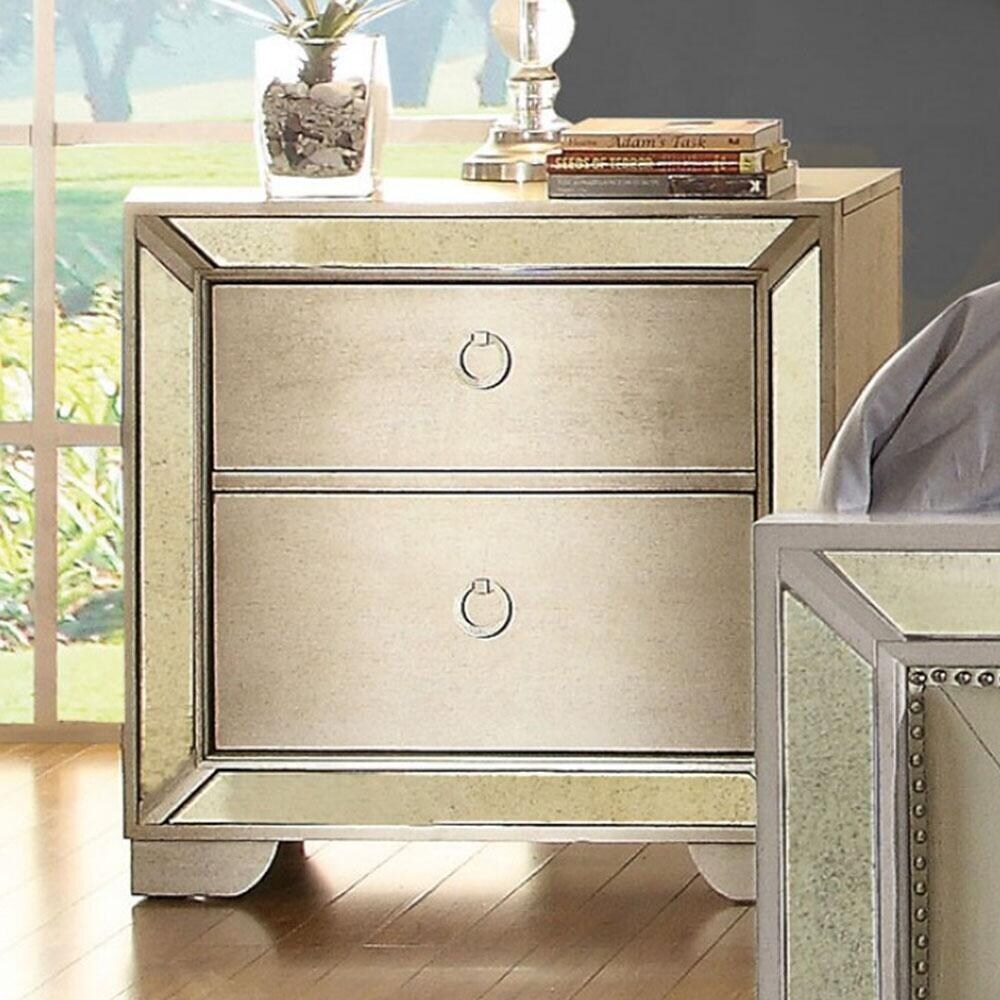 2 Drawers Nightstand With Antique Mirror Panels  Champagne