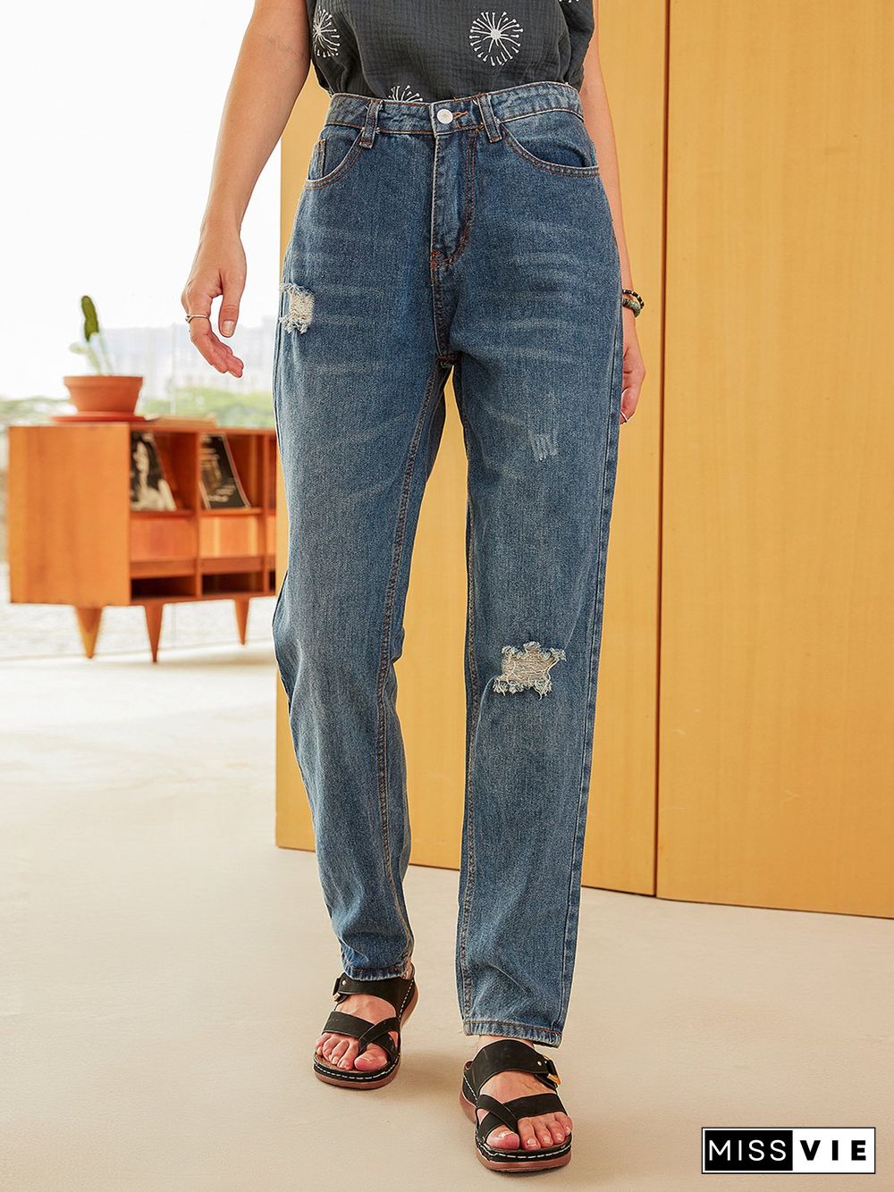 Blue Solid Pockets Simple Denim Jeans