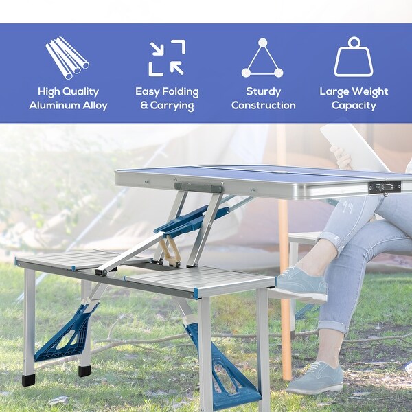 Outdoor Aluminum Suitcase Portable Folding Picnic Table with Bench and Umbrella Hole