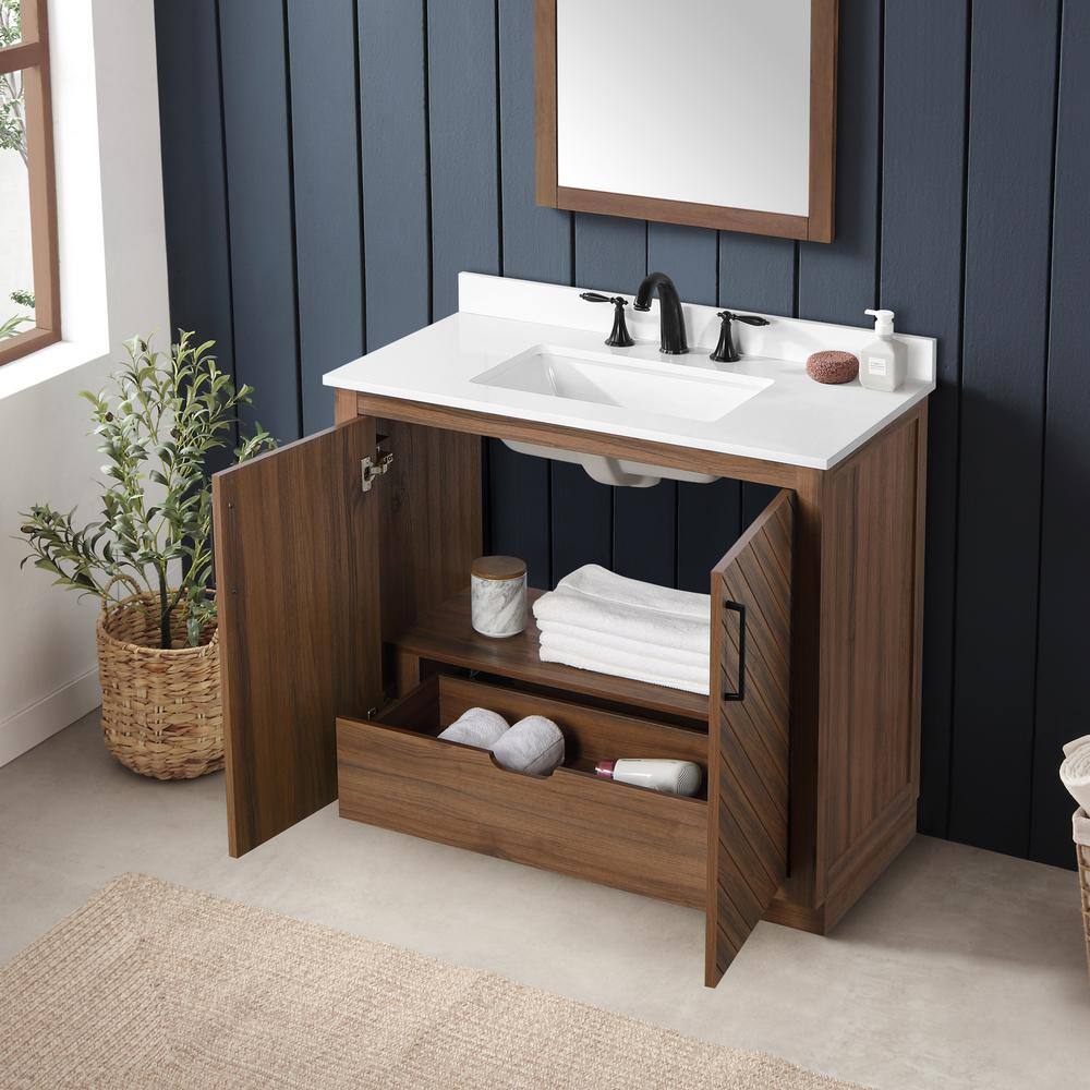 Glacier Bay Huckleberry 36 in. W x 19 in. D x 34.50 in. H Freestanding Vanity in Spiced Walnut with White Engineered Stone Top Huckleberry36SW