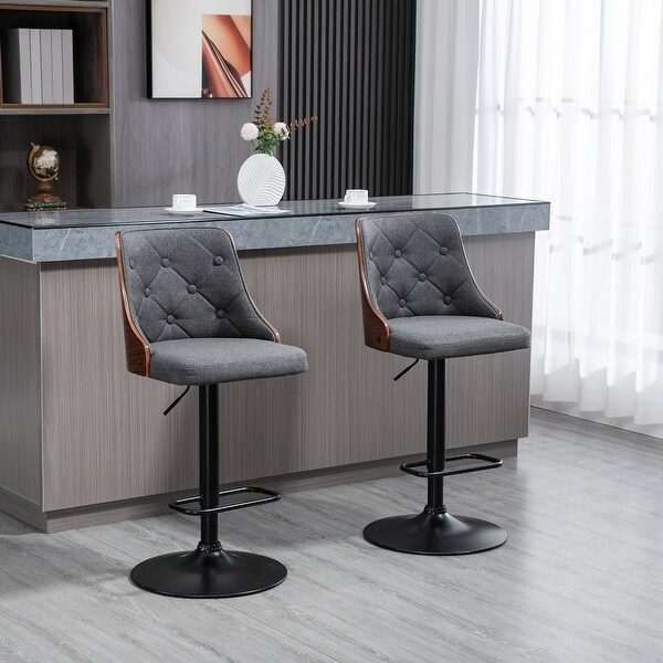 HOMCOM Counter Height Bar Stools Set of 2， Height Adjustable Swivel Barstools with Footrest and Tufted Back