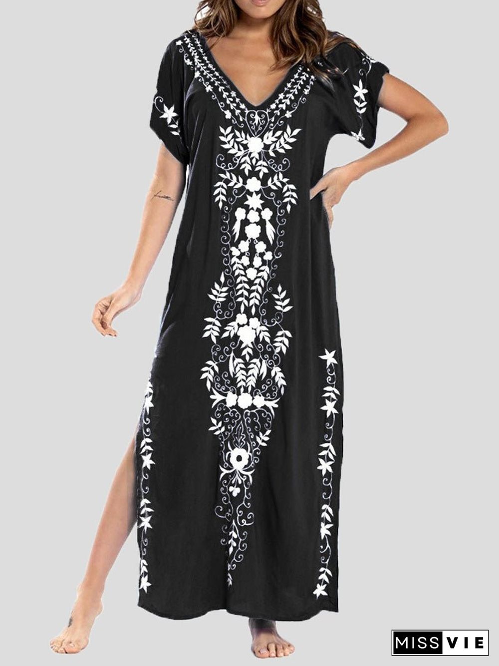 Women'S Dresses Loose V-Neck Vintage Print Slit Maxi Dress