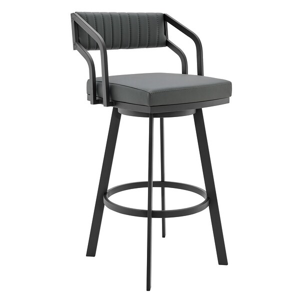 30 Inch Swivel Barstool Chair， Open Sloped Arms， Gray Faux Leather， Black