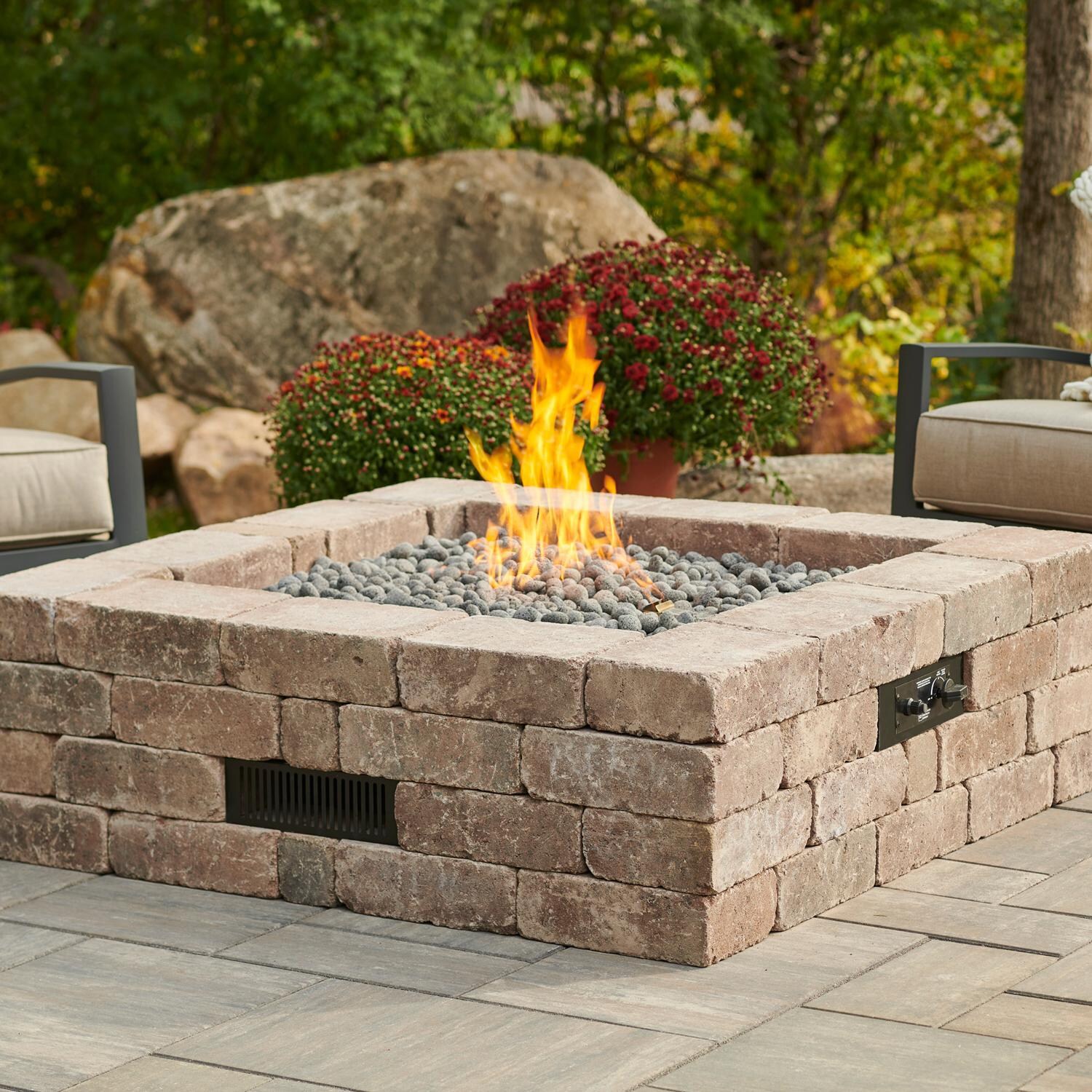 The Outdoor GreatRoom Company Bronson Block 51-Inch Square Propane Gas Fire Pit Kit with 42-Inch Crystal Fire Burner