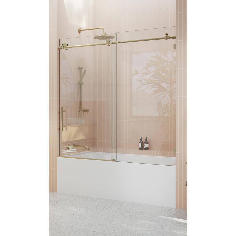 Glass Warehouse 60 in. x 60 in. Frameless Bath Tub Sliding Shower Door in Satin Brass GW-B-SLD-60-SB