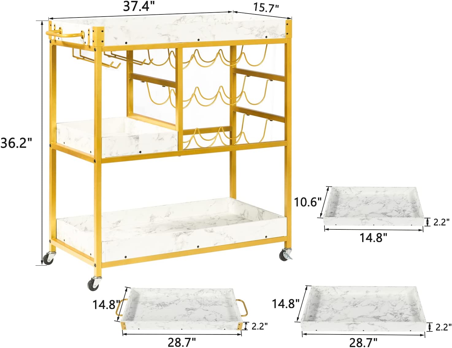 Catrimown Bar Cart Gold， Bar Carts for The Home with 12 Bottle Wine Rack and Wine Glasses Holder， Home Bar Serving Carts with Gold Handle for Kitchen Dining Room