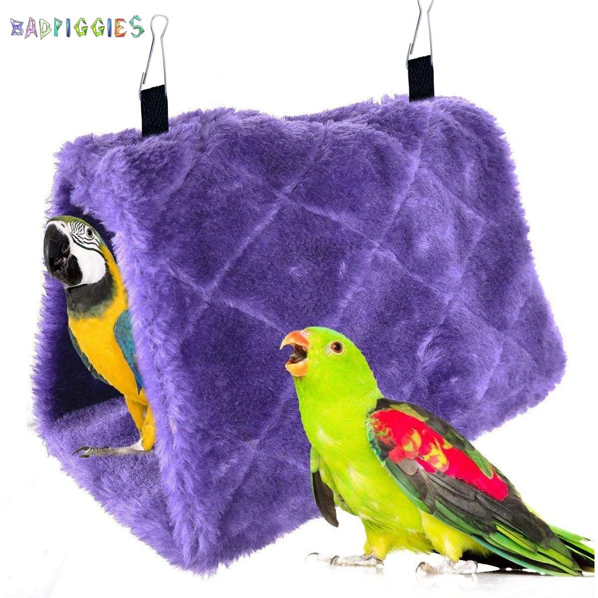 BadPiggies Winter Warm Bird Nest House Shed Hut Plush Fluffy Hanging Hammock Finch Cage Birds Hut Hideaway for Hamster Parrot Macaw Eclectus Parakeet Cockatoo (L， Purple)