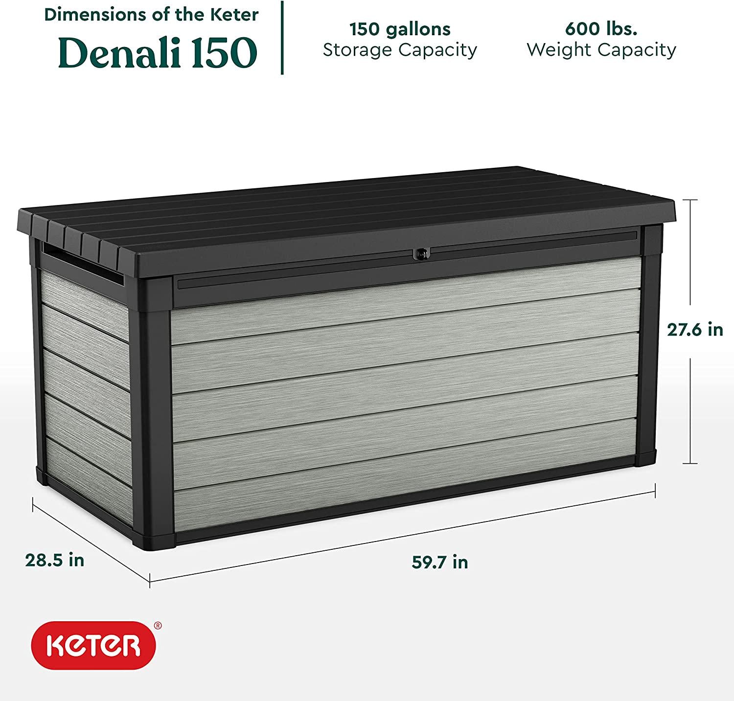 Keter Denali 150 Gallon Resin Large Deck Box - Organization and Storage for Patio Furniture, Outdoor Cushions, Garden Tools and Pool Toys, Grey and Black