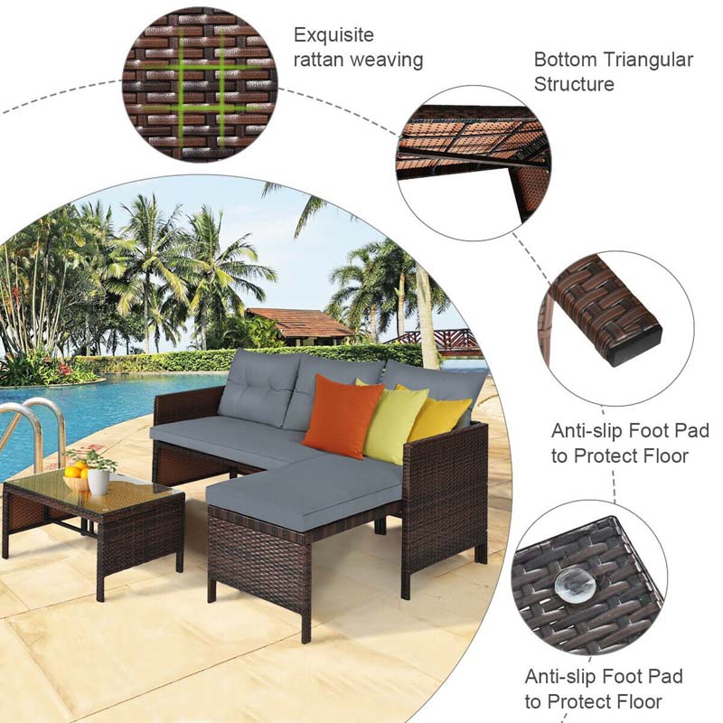 3 Pcs Rattan Patio Furniture Set Outdoor Conversation Sofa Set with Loveseat Chair & Coffee Table