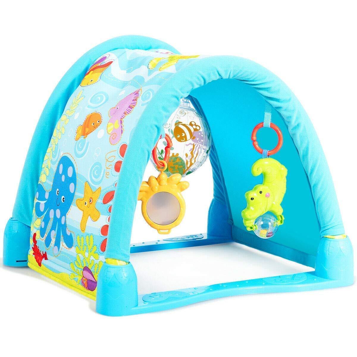 BABY JOY 4-in-1 Baby Play Gym Mat, Underwater World Baby Explore Crawling Tunnel with Steady Frame and 3 Hanging Toys