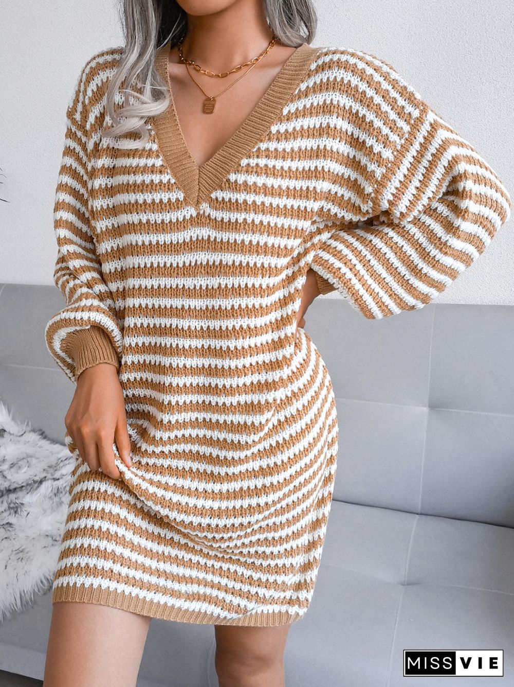 Winter Clothes Women Striped Hollow Wool Dress Long Sleeve Knitted Dress Casual Pullover Sweater Oversize Dress For Women