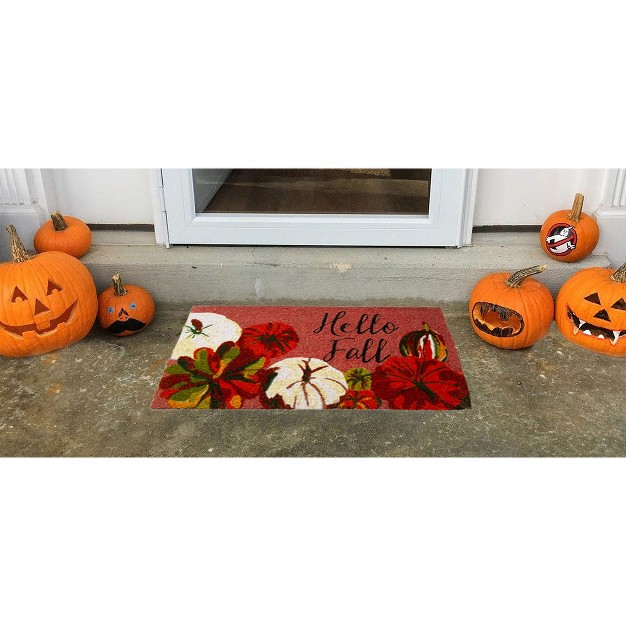 Hello Fall Pumpkin Rectangle Indoor And Outdoor Coir Door Welcome Mat Multicolored Pumpkings On Orange Background