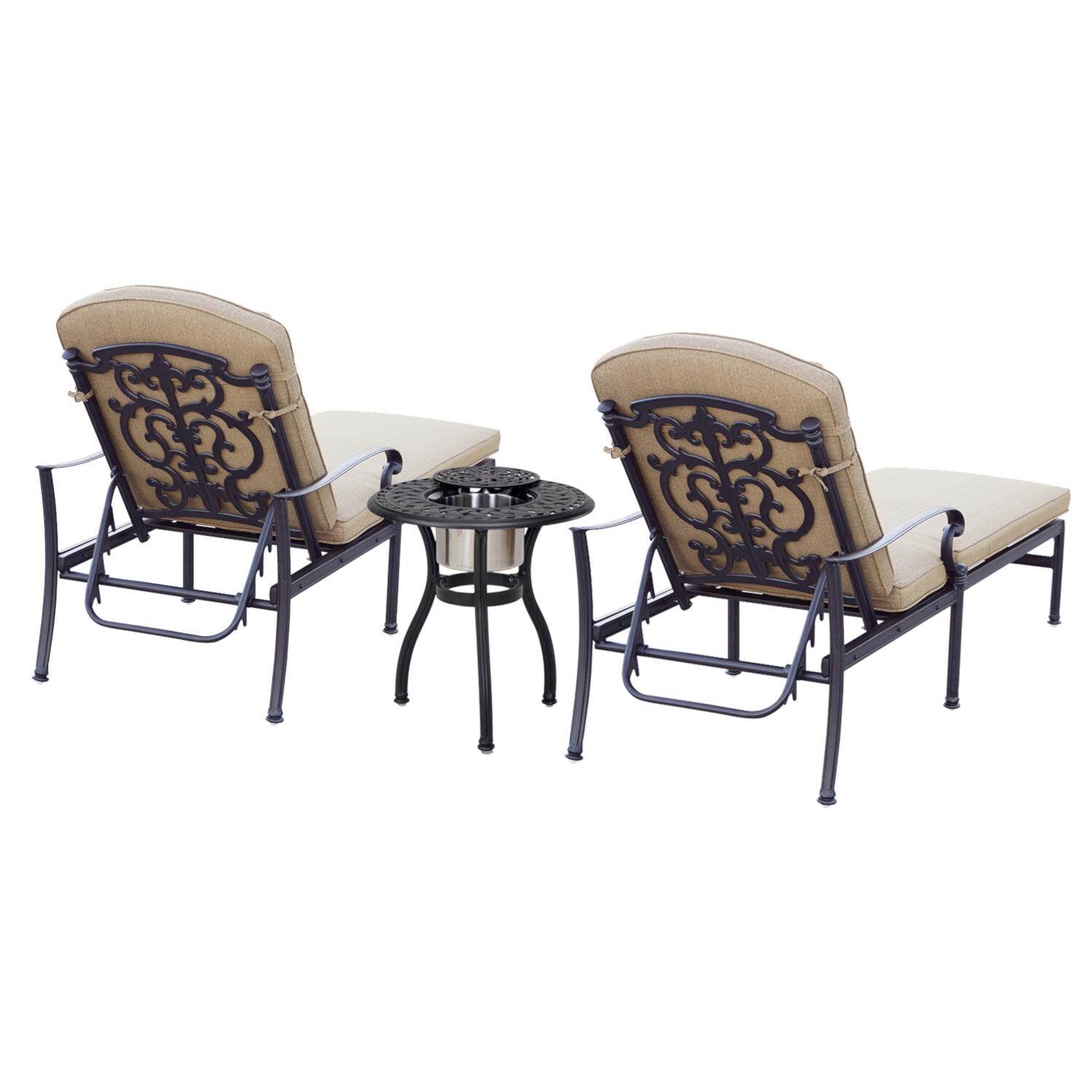 Darlee Santa Barbara 3 Piece Cast Aluminum Patio Chaise Lounge Set W/ Ice Bucket Insert and Sesame Cushions