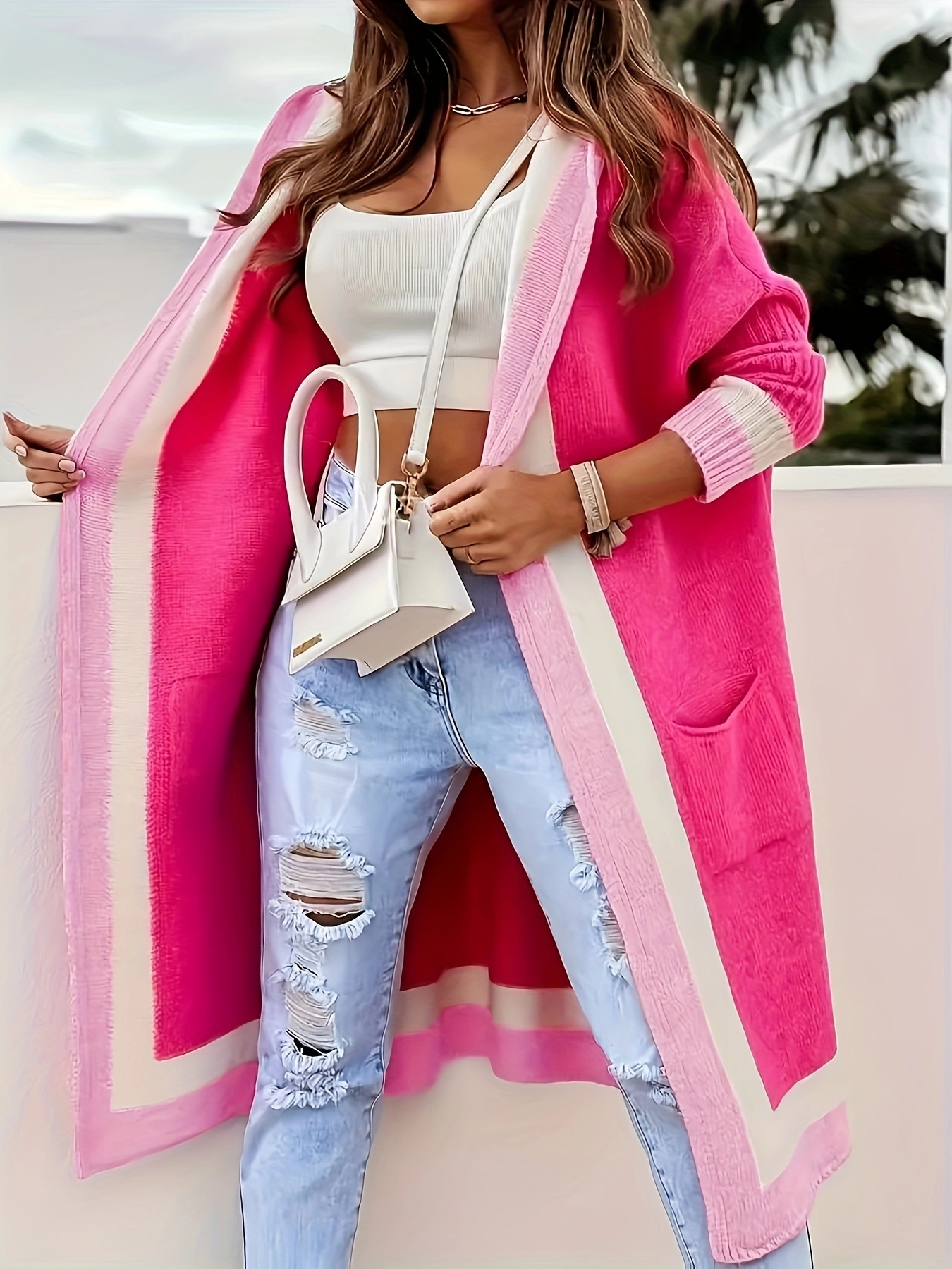 Womens Plus Size Color Block Hooded Knitted Cardigan, Casual Open Front Long Sleeve for Fall & Winter, Cozy Oversized Sweater for Curvy Figures