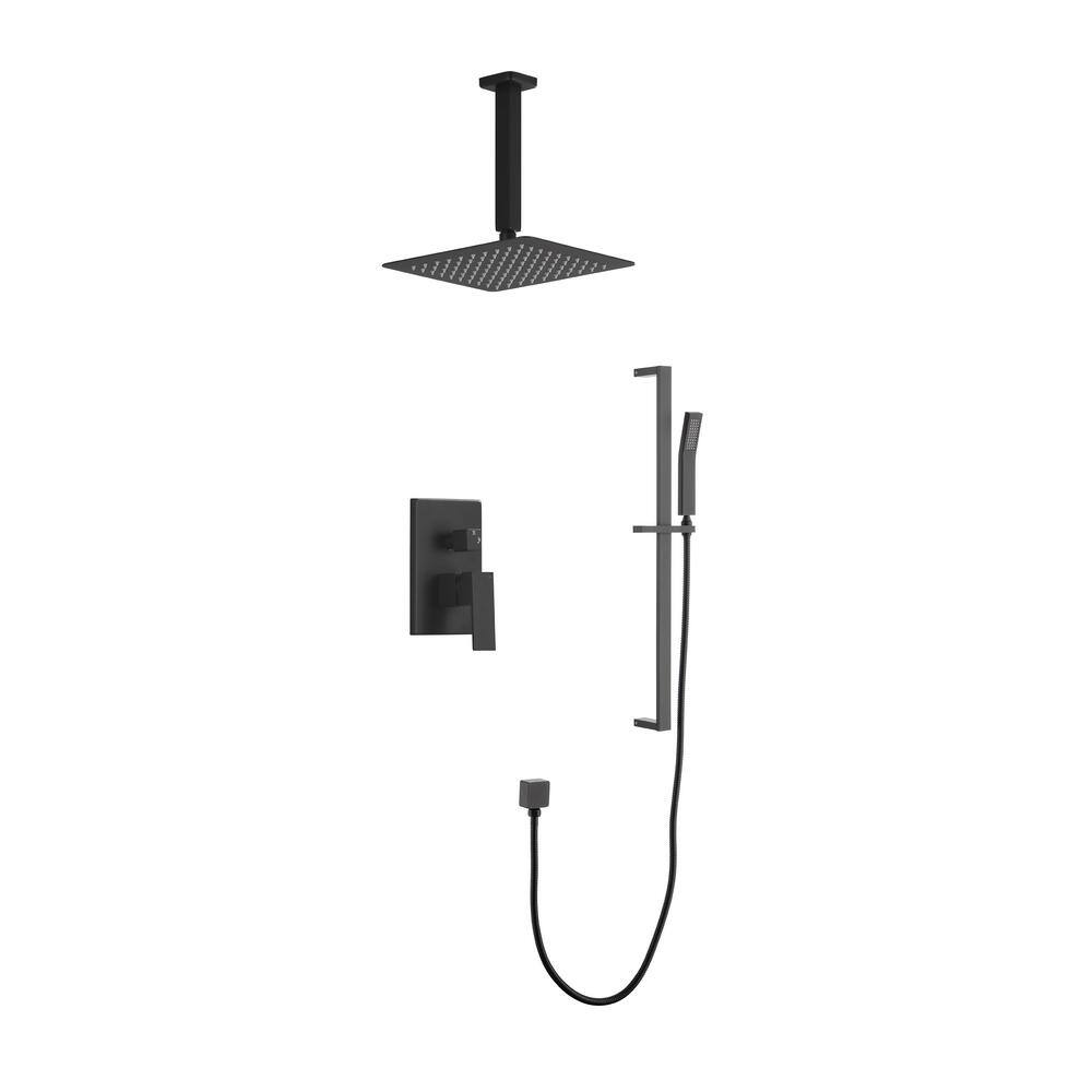 Nestfair 2 Spray Patterns Wall Bar Shower Kit with Hand Shower and Ceiling Mount Shower Head in Matte Black DGP036M