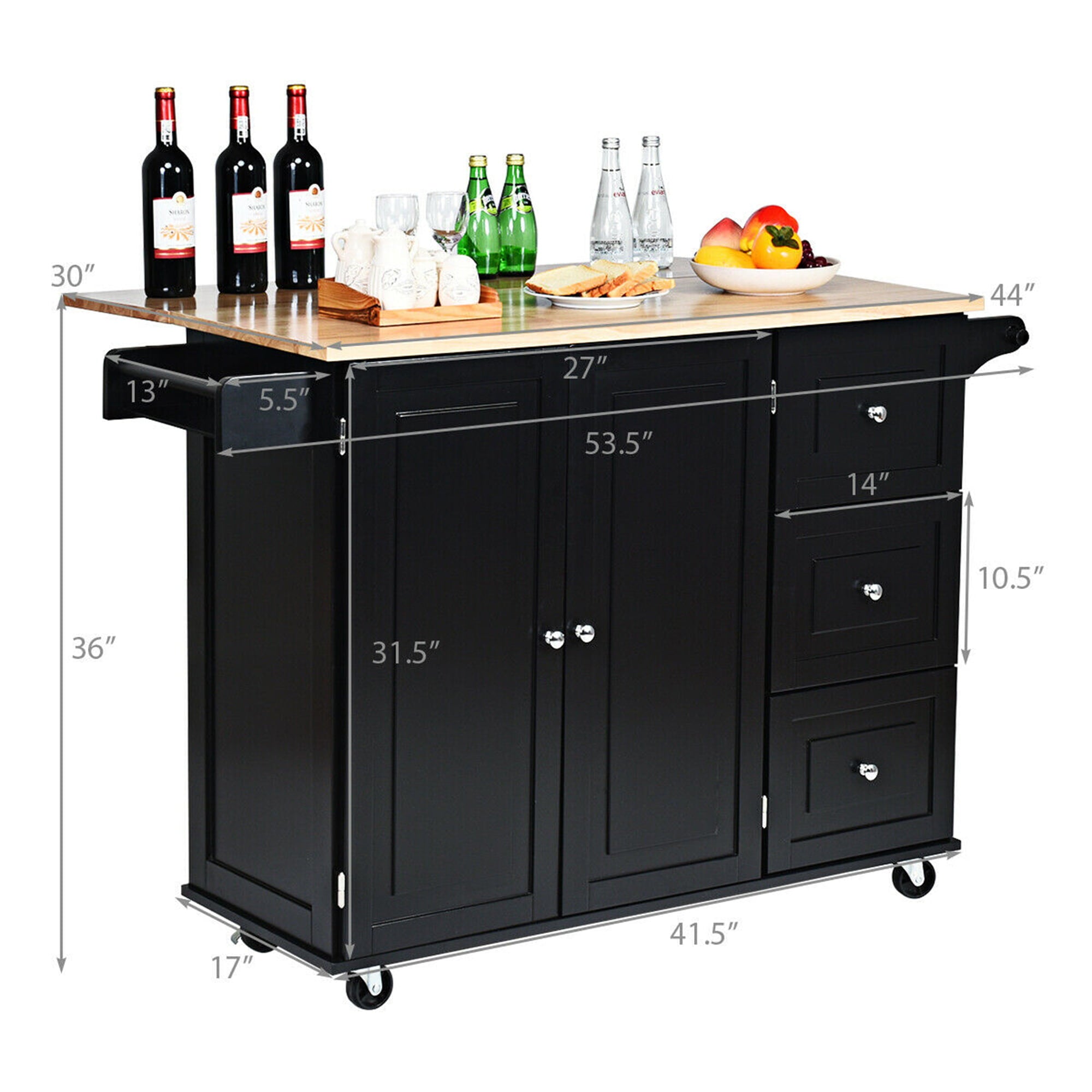 Gymax Drop-Leaf Kitchen Island Trolley Cart Wood Storage Cabinet w/ Spice Rack Black