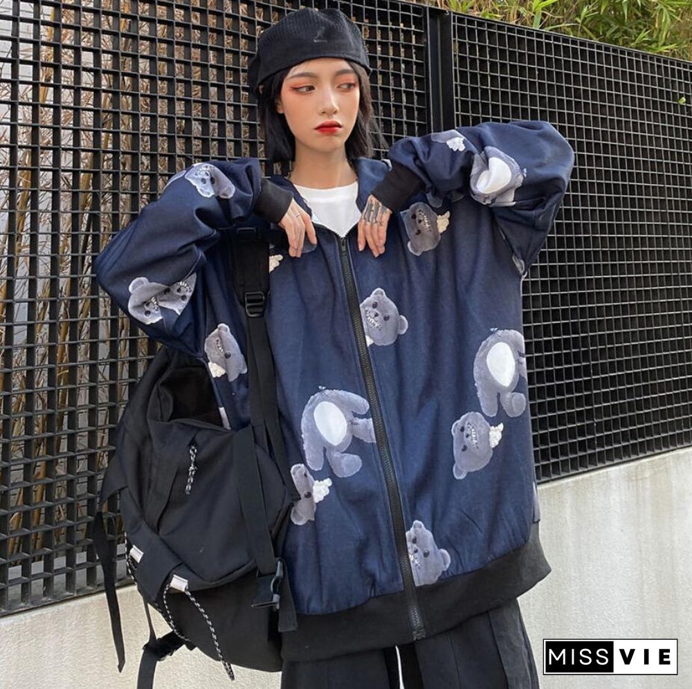 Spring Autumn Women Harajuku Zip Up Hoodies Oversized Loose Korean Version Sweatshirts Cute Kawaii Pocket Jacket Clothing Casual