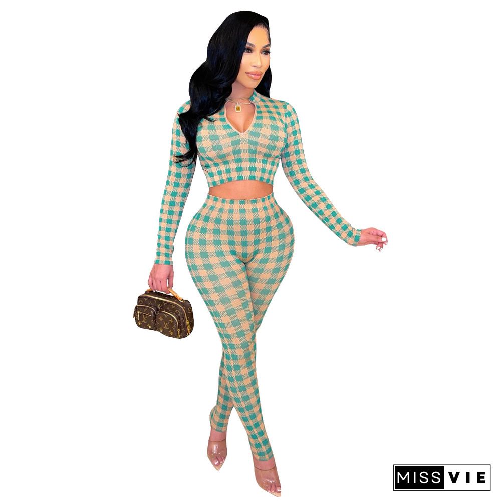 Plaid Crop Top Bodycon Pencil Pants Two Piece Set