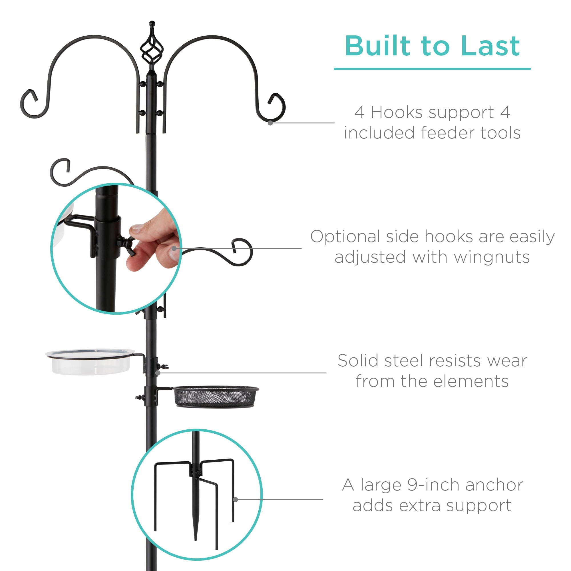 Best Choice Products 91in 4-Hook Bird Feeding Station， Steel Multi-Feeder Stand w/ 2 Feeders， Tray， Bird Bath - Black