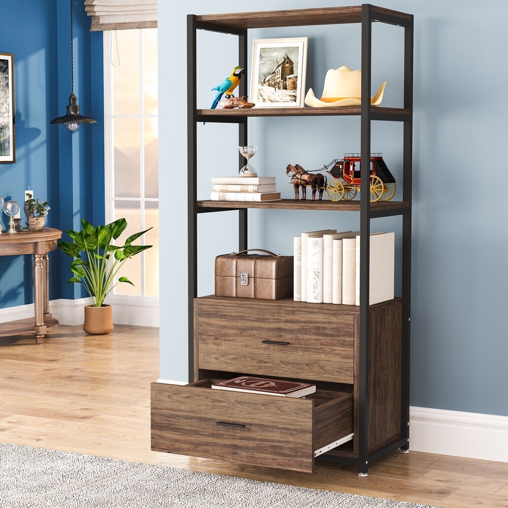 Brown Industrial Bookshelf with 2 Drawers  White/ Gold Modern 5 Tier Bookcase with Open Shelf  Display Decorative Shelf