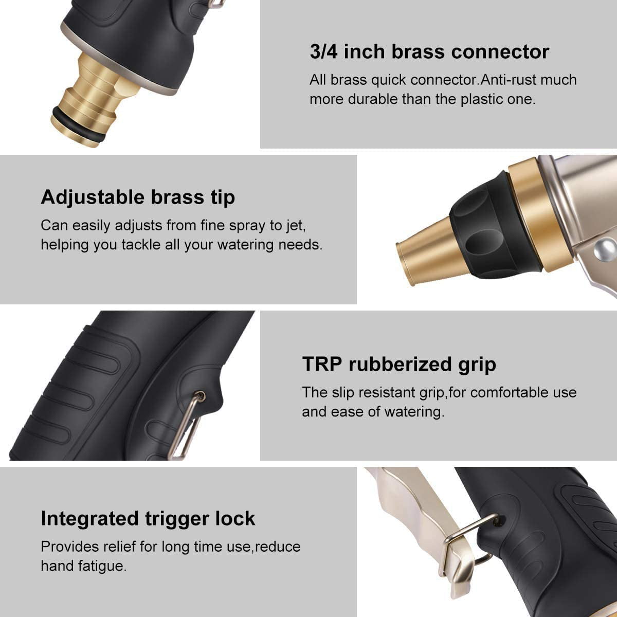 Garden Hose Nozzle Non-slip Water Sprayer Coated with Rubber Car Wash Heavy Duty Durable Material 4 Watering Patterns Spray Black Gold