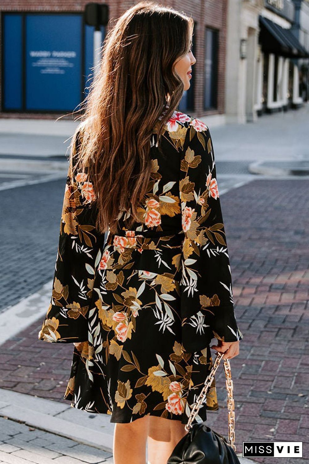 Black Palazzo Floral Ruffle Wrap Dress