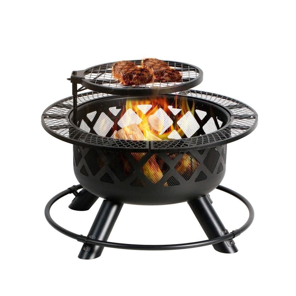 HeatMaxx Outdoor Wood Burning Fire Pit Backyard with Cooking Grill， 32 in. Black， Mini Ranch Fire Pit SRFP9624