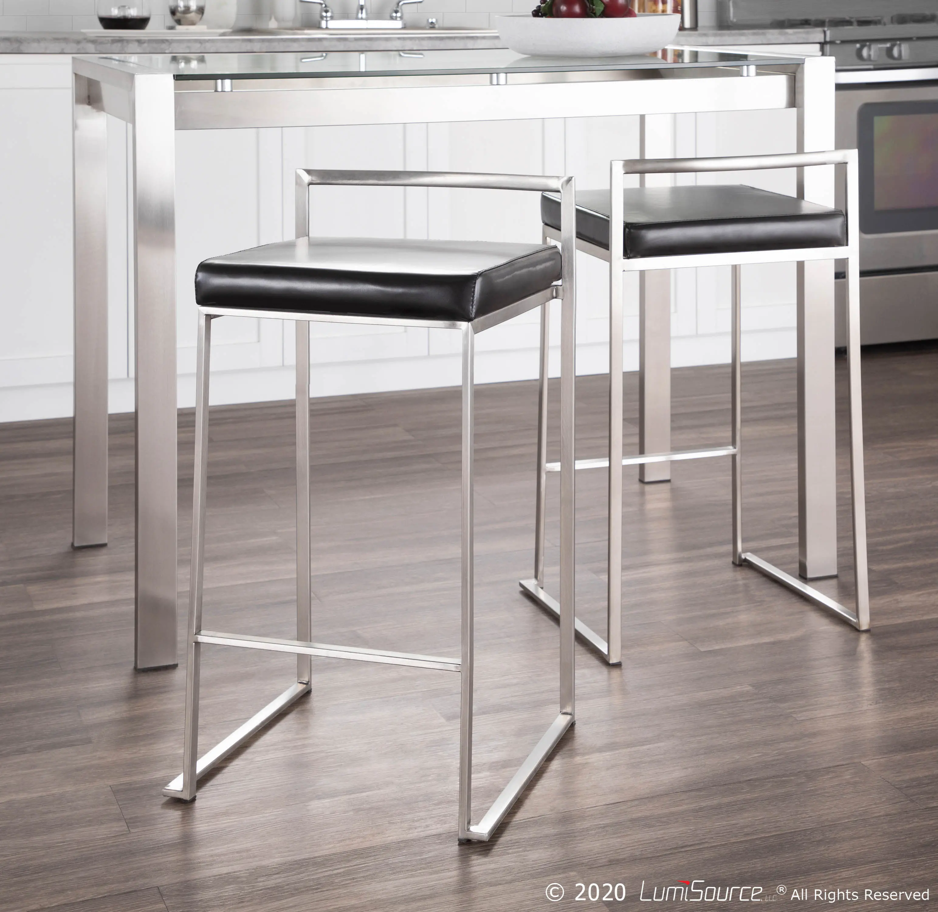 Fuji Low Back Stainless and Black Faux Leather Counter Stools， Set of 2