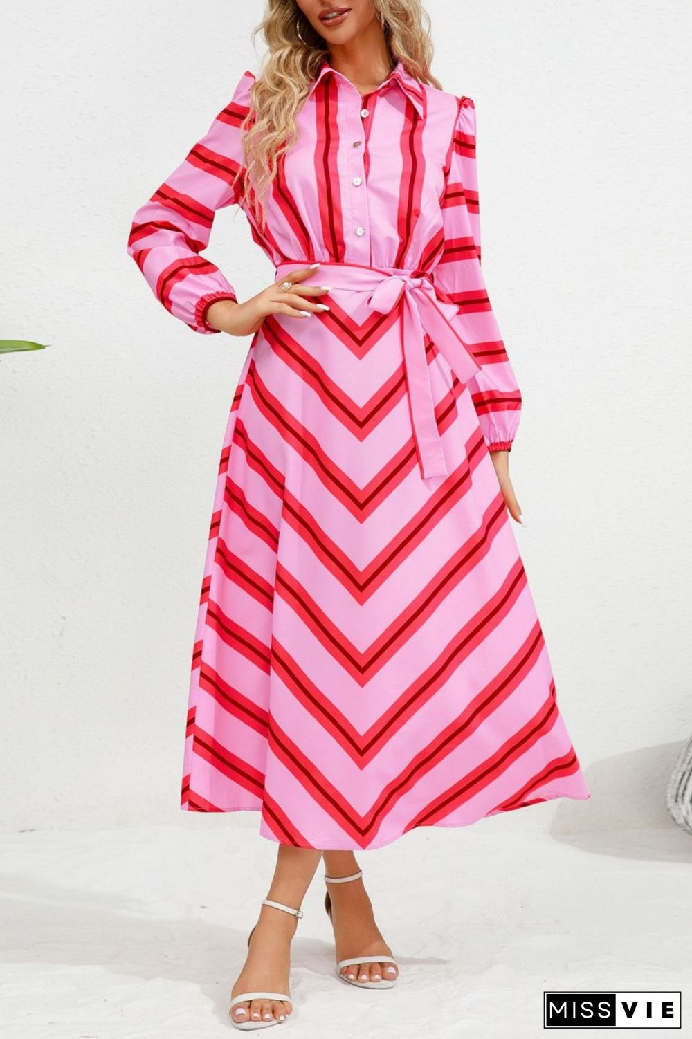 Blue Casual Striped Print Patchwork Turndown Collar Shirt Dress Dresses