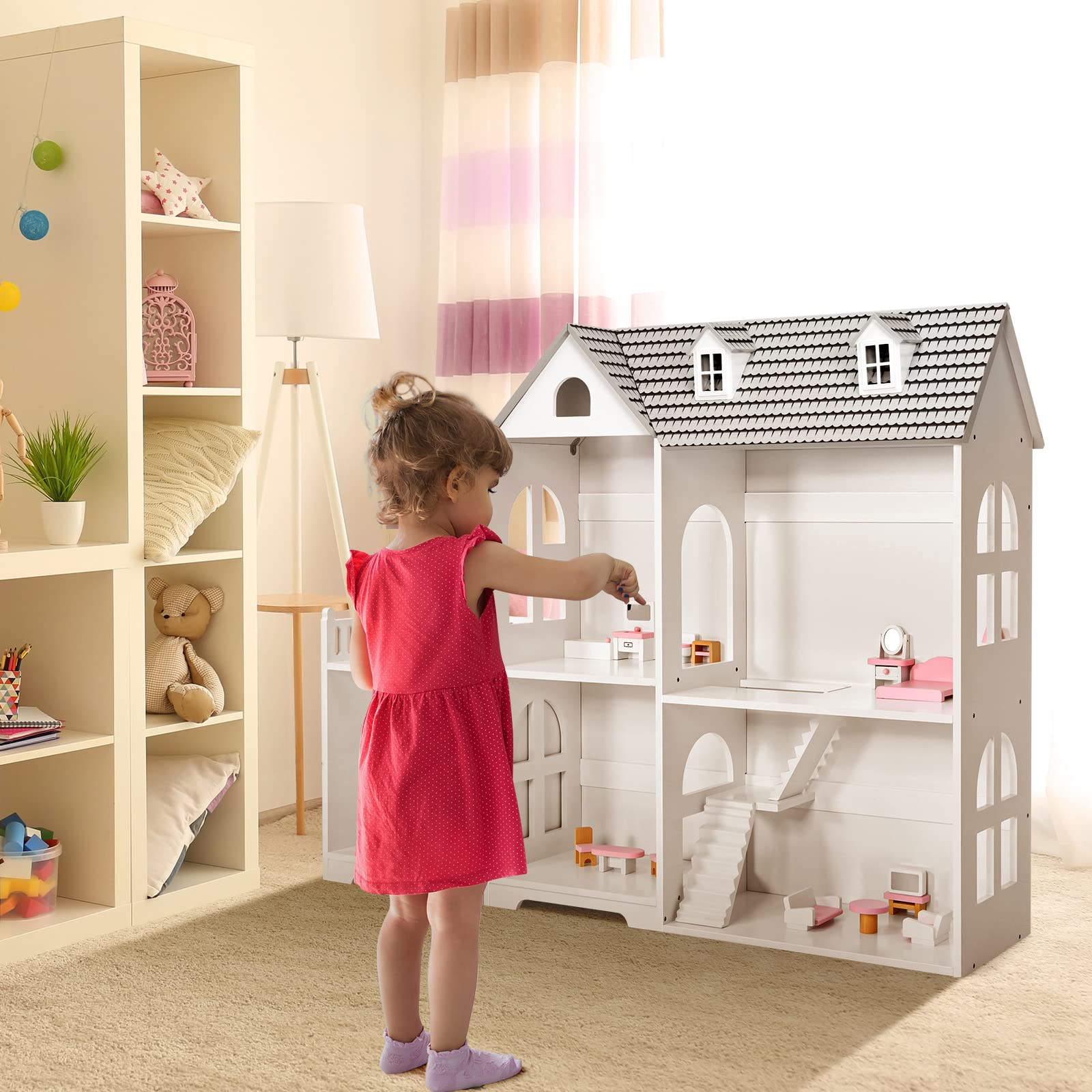 Kids Wooden Dollhouse, 2-in-1 Cottage Dollhouse Bookcase