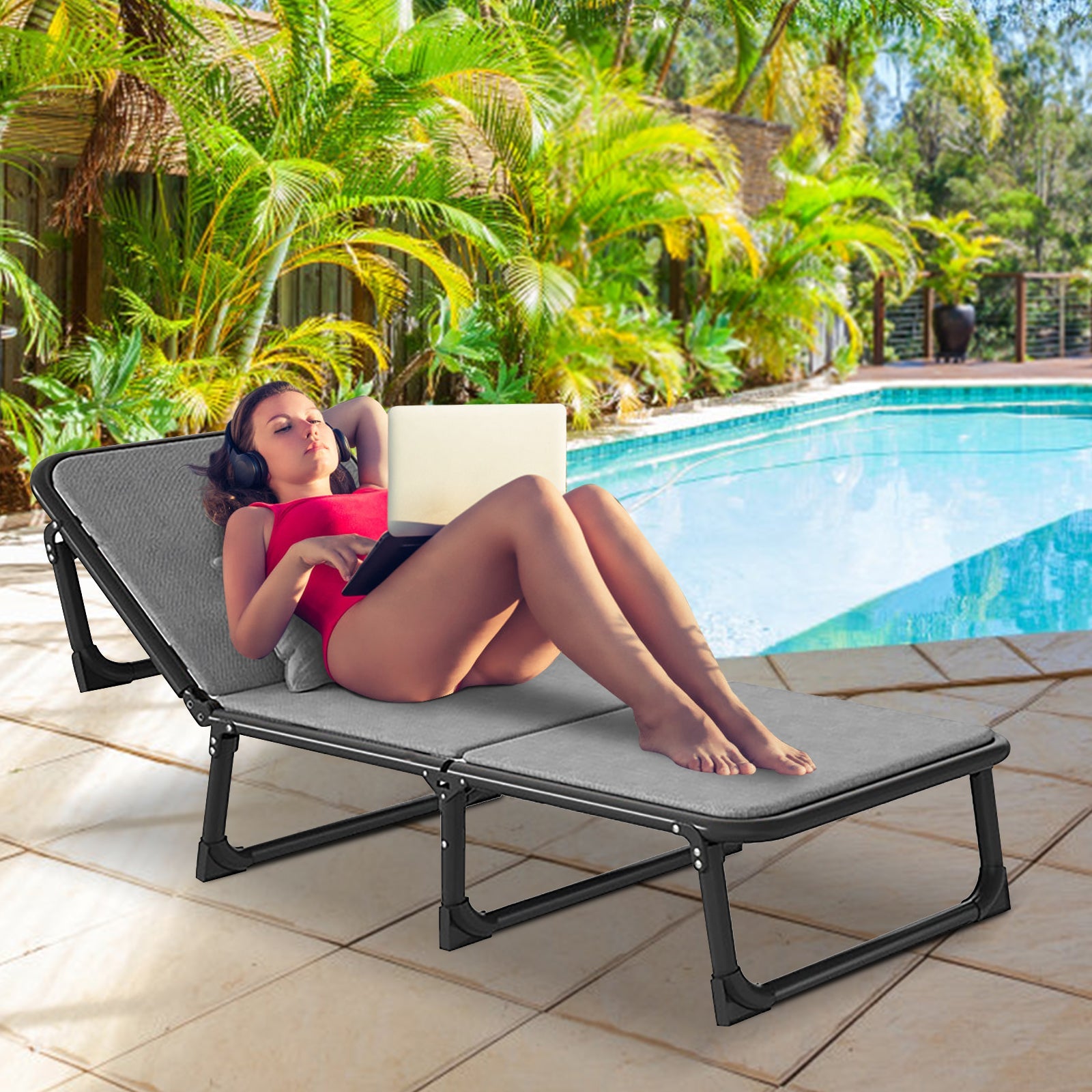 Docred Large Chaise Lounge Chair, 4 Position Foldable, Reclining Beach Chair, Folding Chair, for Beach Layout Lawn Camping Outdoor Pool Sun Sunbathing Cot, Gray