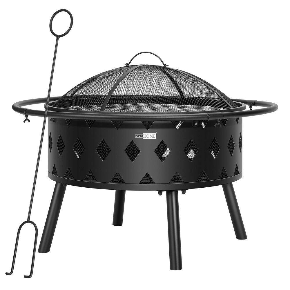 VIVOHOME 37.8 in. x 21.4 in. Round Iron Wood Fire Pit with Spark Screen Round Grill Grid Poker and Fireplace Cover (6-Piece) X002XH0CG1