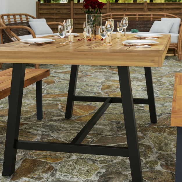 Merrick Lane Solid Acacia Wood Dining Table In A Natural Finish With Black Metal Legs For Indoor And Outdoor Use