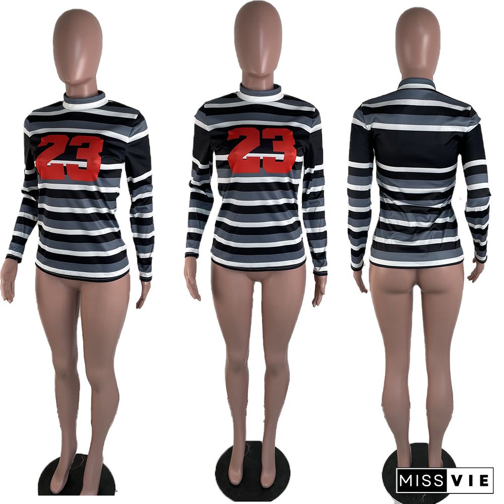 Women Striped Number Print Turtleneck Long-sleeve T-shirt