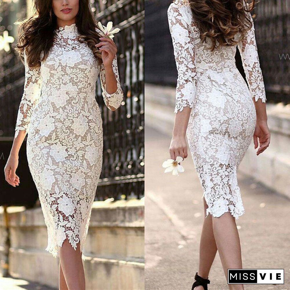 New Style Women Lace Dress White Floral Lace Womens Dresses Midi Winter Wedding Evening Party Dress Autumn Winter Ladies Dresses