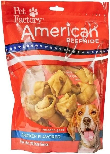 Pet Factory American Beefhide 4 to 5-inch Knotted Bones Chicken Flavored Chewy Dog Treats