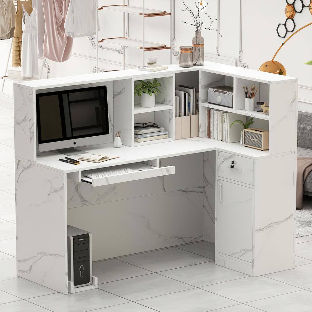 FUFUGAGA 55.9 in. L Shaped Marble Color Wood Executive Desk Reception Computer Writing Desk WRemovable Shelves Drawer Cabinet WFKF210088-03-KPL