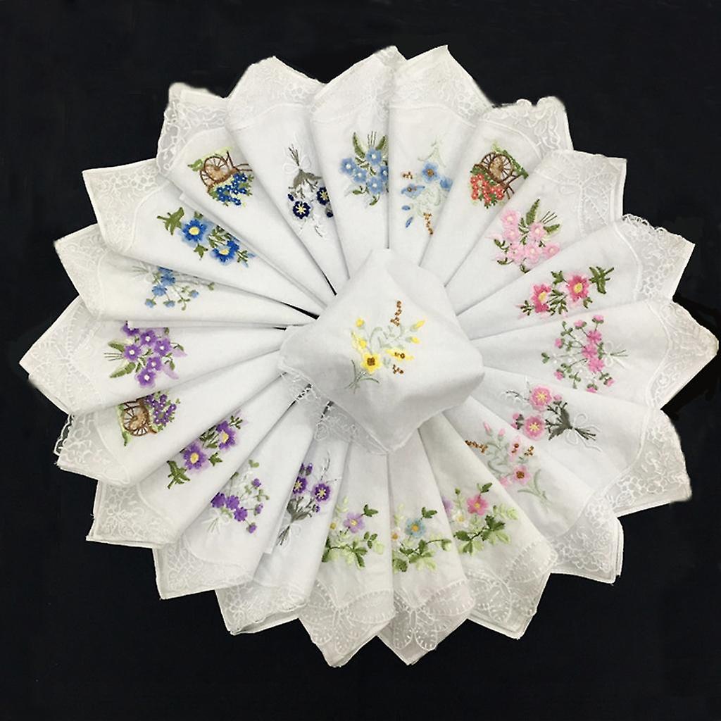 12set Cotton Floral Handkerchiefs Embroidered  Hankie Kerchiefs Towel