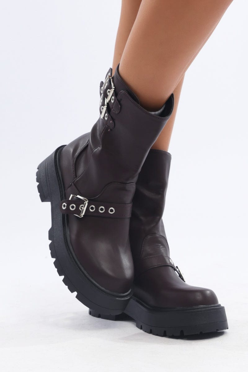 Brown Buckle Detail Biker Boots