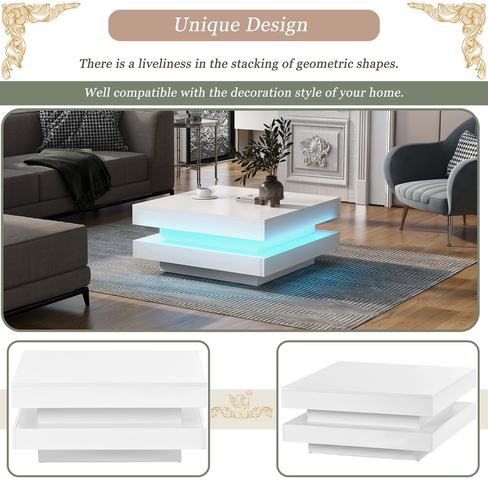 LED Coffee Table for Living Room Square Coffee Table with LED Lights  2 Tier Center Table  Cocktail Table with High Glossy