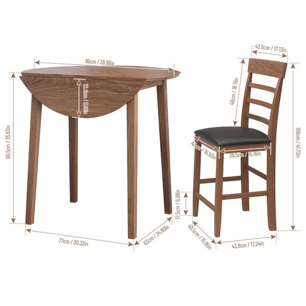 3-Piece Round Counter Height Drop-Leaf Table with 2 Upholstered Chairs， Dining Table Set Pub Set with PU leather Cushion